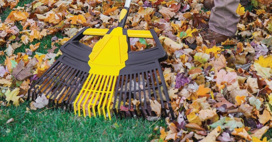 Expert Gardener 3-in-1 Leaf Rake in front of a pile of leaves