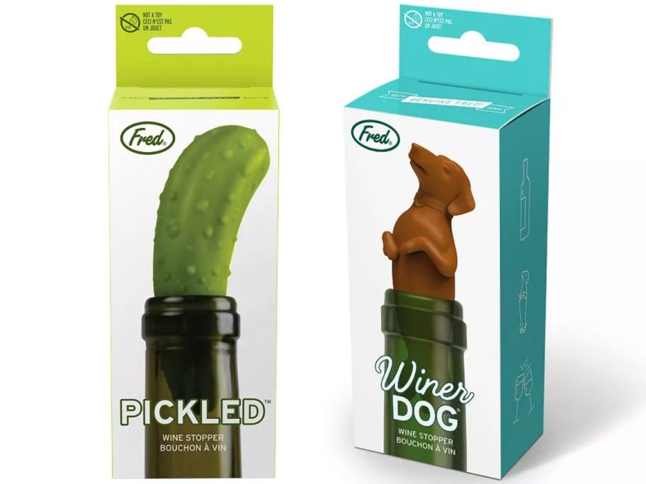 2 wone stoppers shaped like a pickle and a dog 