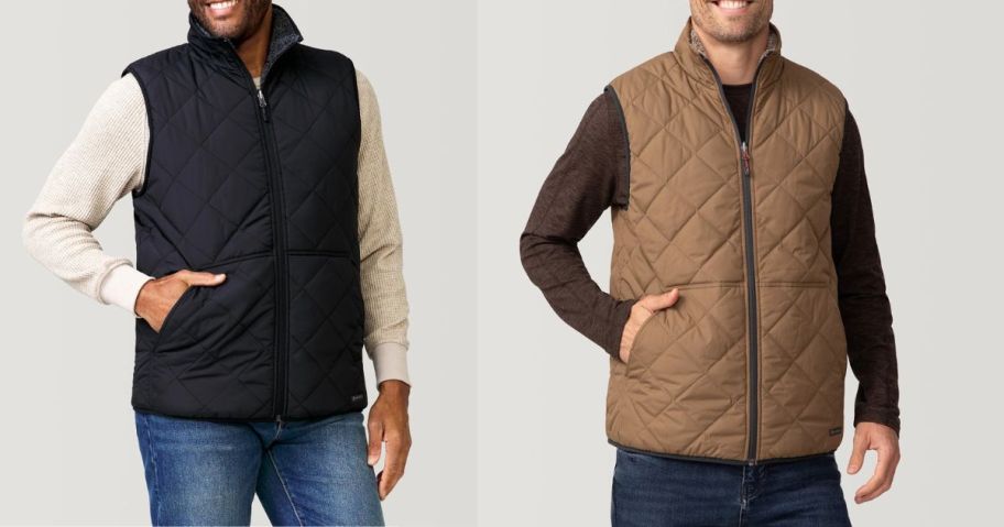 two men wearing Free Country Men's Atlas Quilted Reversible Sherpa Vest