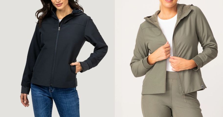 two women wearing Free Country Women's Venture Out Hybrid Jacket