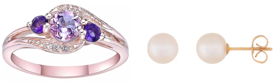 Gemminded 14k Rose Gold Over Silver Pink Amethyst & White Topaz Ring and 14k Gold 6 mm Freshwater Cultured Pearl Stud Earrings