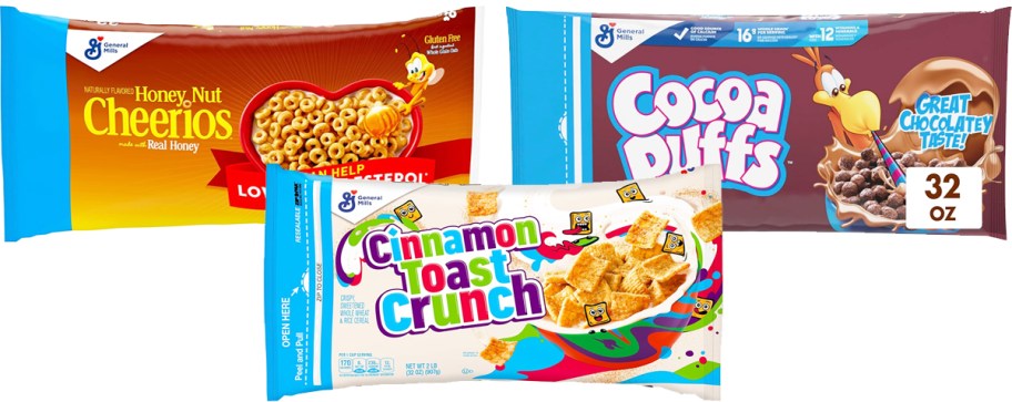 bags of Honey Nut Cheerios, Cocoa Puffs, and Cinnamon Toast Crunch cereals