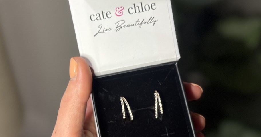 hand holding a small box with a pair of double hoop earrings with crystals in them, the top of the box says "Cate & Chloe - Live Beautifully"