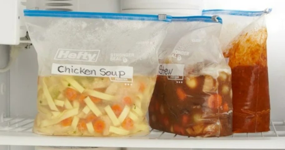 3 clear hefty slider gallon freezer bags with blue slider tops filled with various soups and stews in a freezer