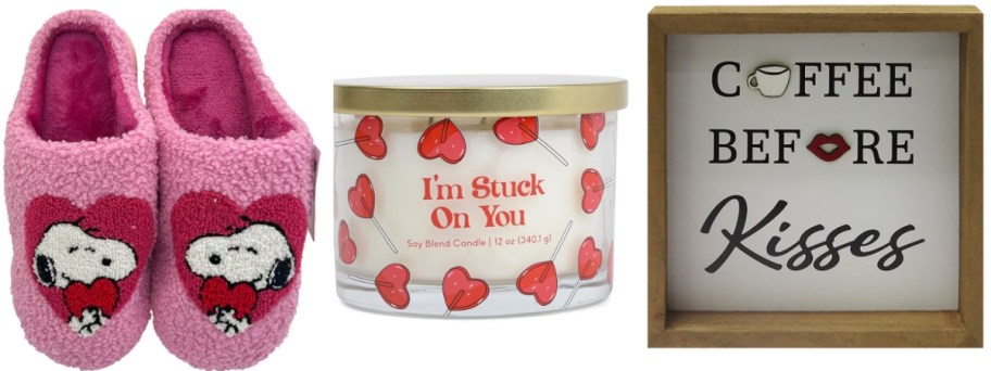 a pair of pink Snoopy Valentine's slippers, a Valentine's Jar Candle that has hearts and says "Stuck on You" and a home decor box sign that says "Kisses before Coffee"