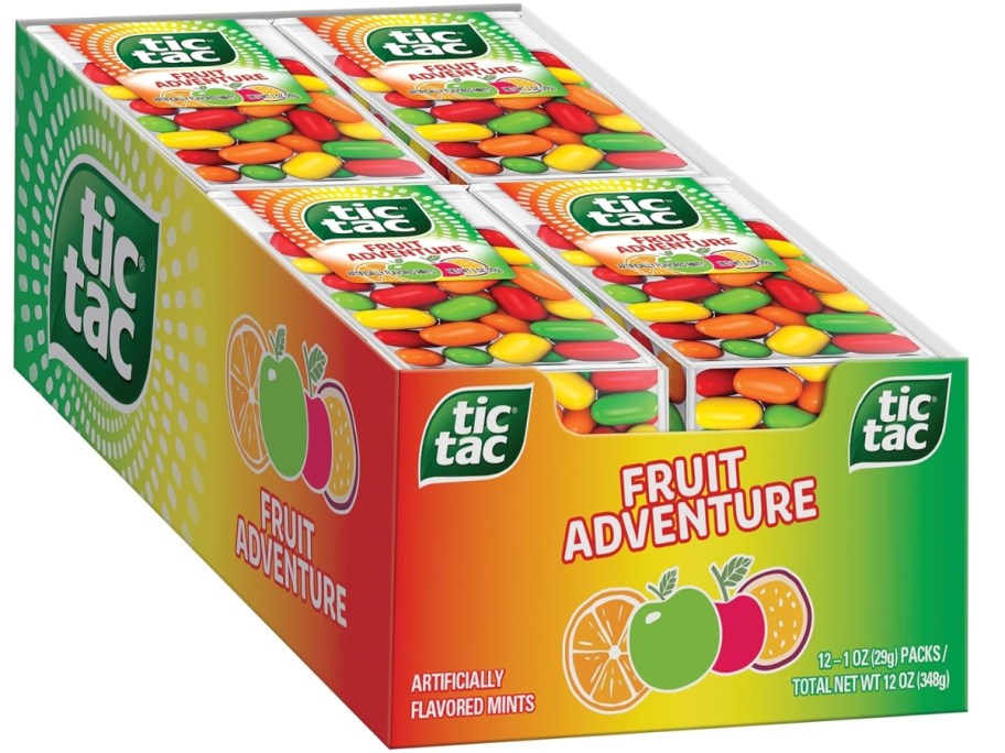 a multi color box with 12 packs of Tic Tac Fruit Adventure Flavor candies