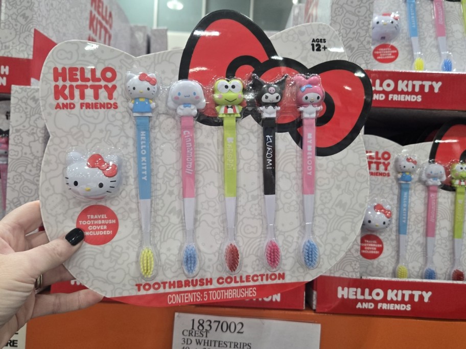 five hello kitty and friends toothbrushes in packaging at store