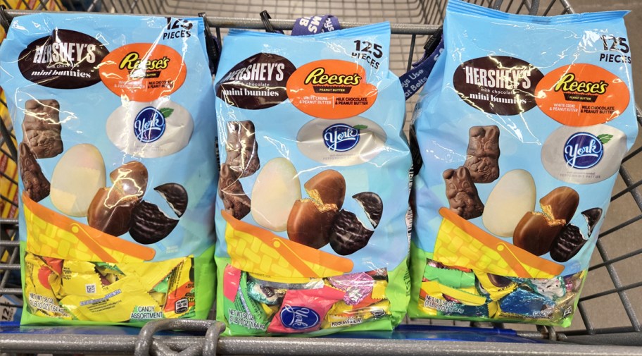 three bags of Hershey's easter candies in shopping cart