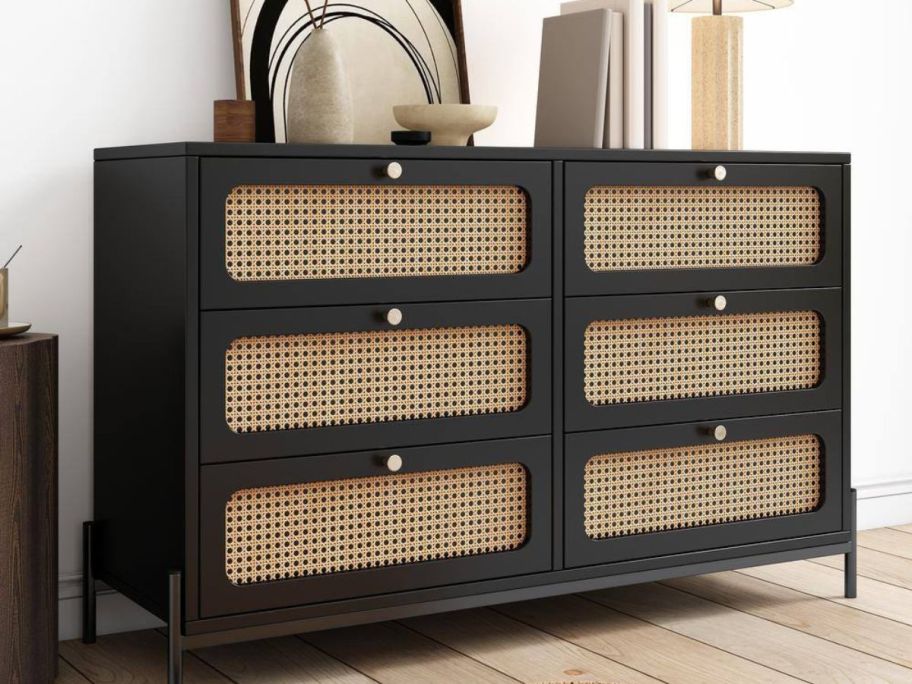 Modern Wood Cannage Rattan 6-Drawer Dresser