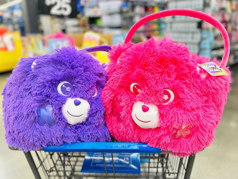 large fuzzy purple and pink care bears easter basket in walmart shopping cart