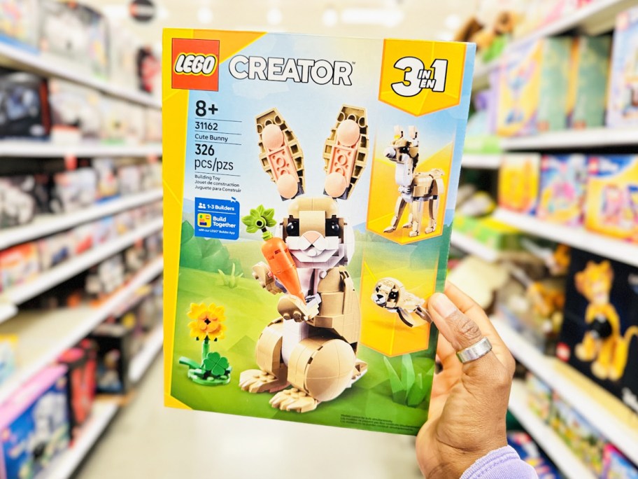 hand holding up box for lego bunny set in store