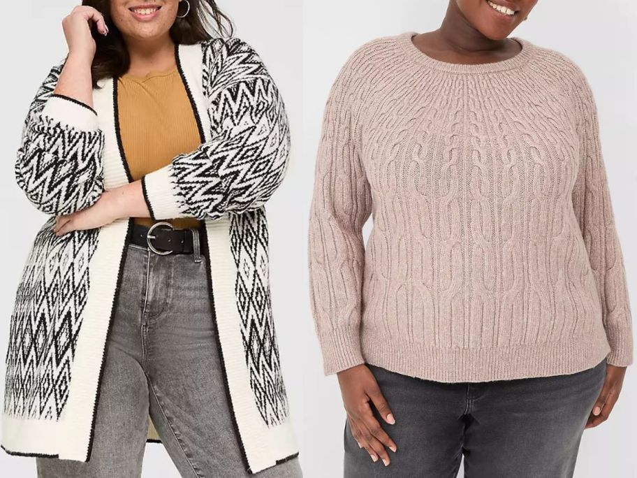 Stock images of two women wearing lane bryant sweaters