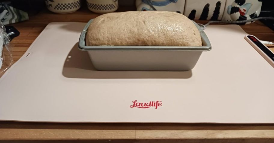 A loaf of bread proving on a Laudlife Warming Tray in Pink