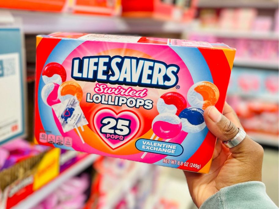 Life Savers Valentine's Swirled Lollipops Exchange Box 25-Count in hand in store