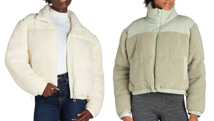 two women in white and green fleece puffer jackets