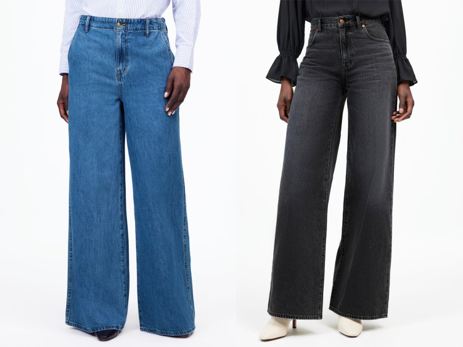 two women in wide leg jeans