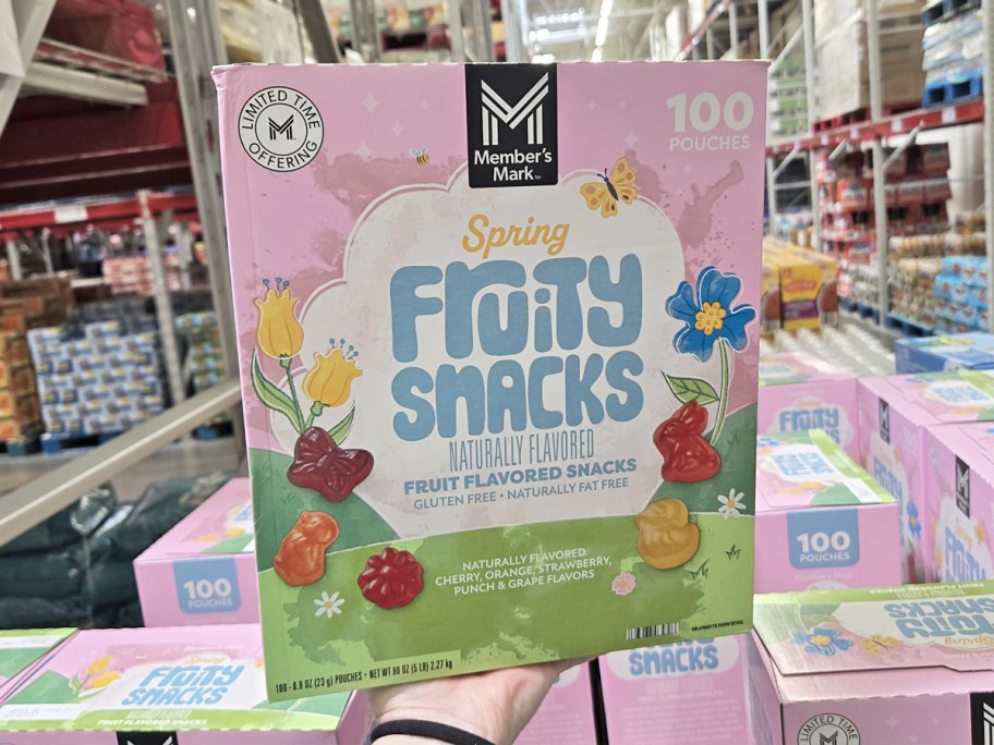 hand holding up a pink box of Member's Mark Spring Fruit Snacks in store