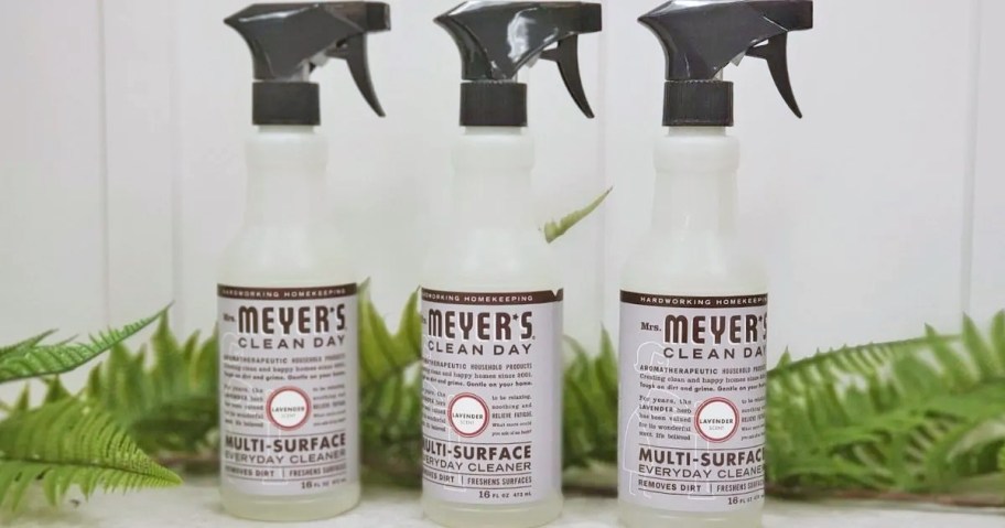 three bottles of Mrs. Meyer's Multi-Surface Spray