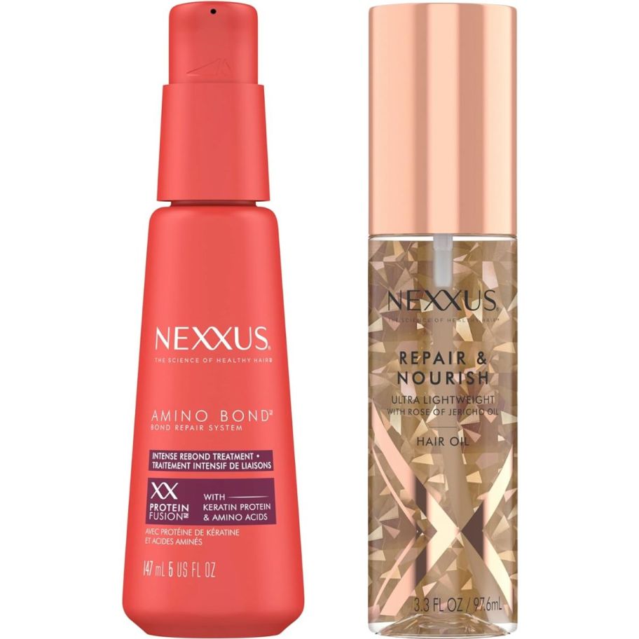 two bottles of nexxxus hairtreatments stock images