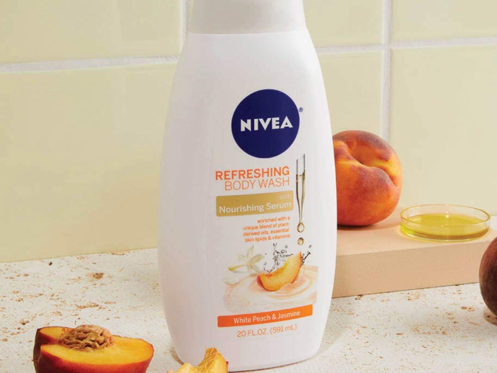 Nivea body wash on bathroom counter