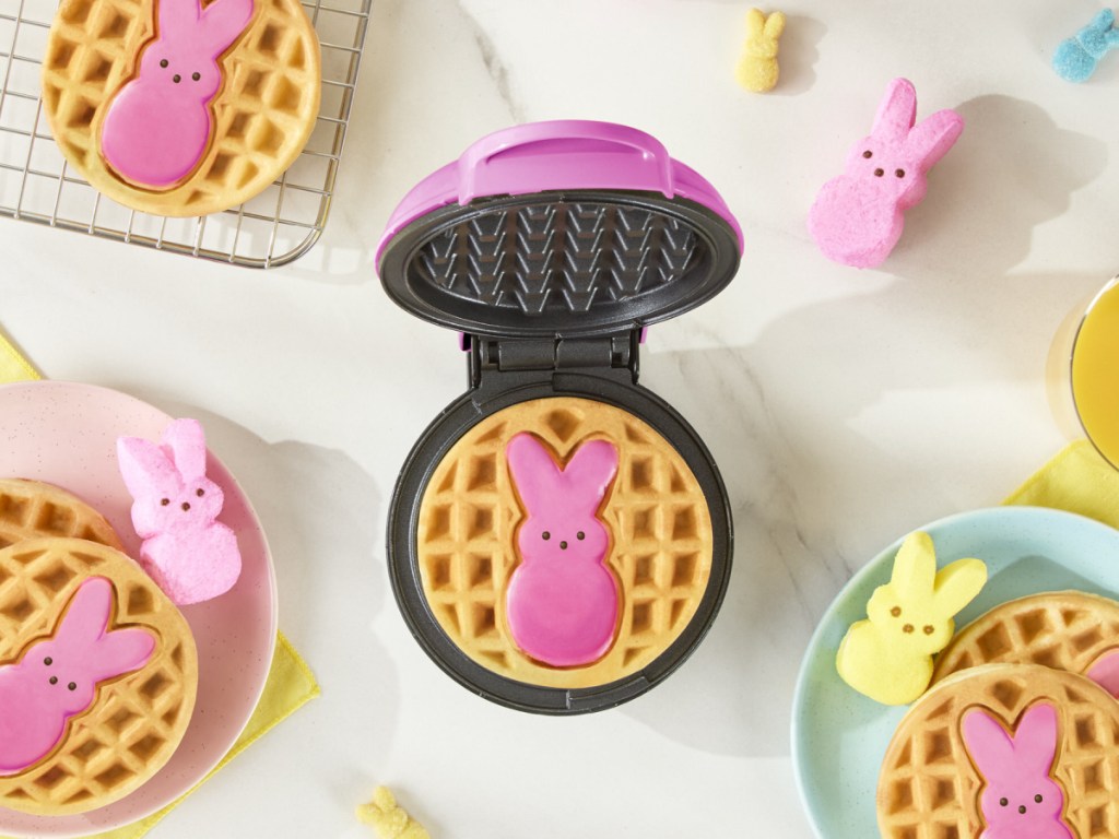 Pink dash waffle maker with pink peeps, bunny, inside, waffle