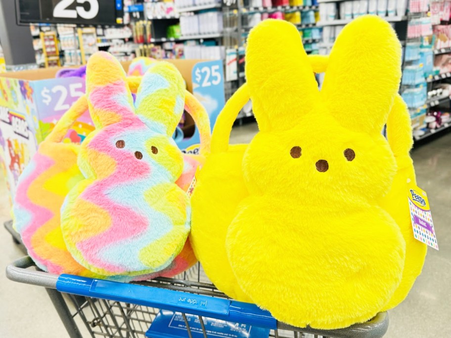 rainbow and solid yellow jumbo peeps easter baskets in walmart shopping cart