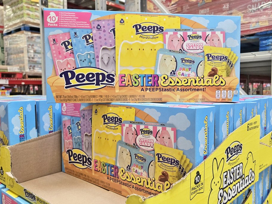 stacked variety pack boxes of Peeps in store