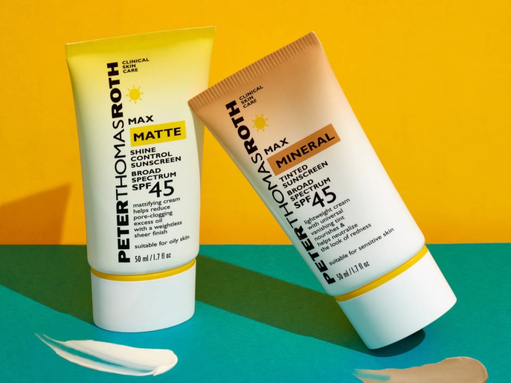 Two bottles of Peter Thomas Roth, a sunscreen, one tinted and one un tinted