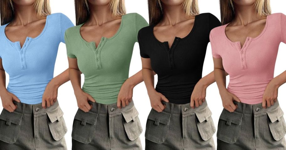 four women wearing PrettyGarden Women's Short Sleeve Henley Top