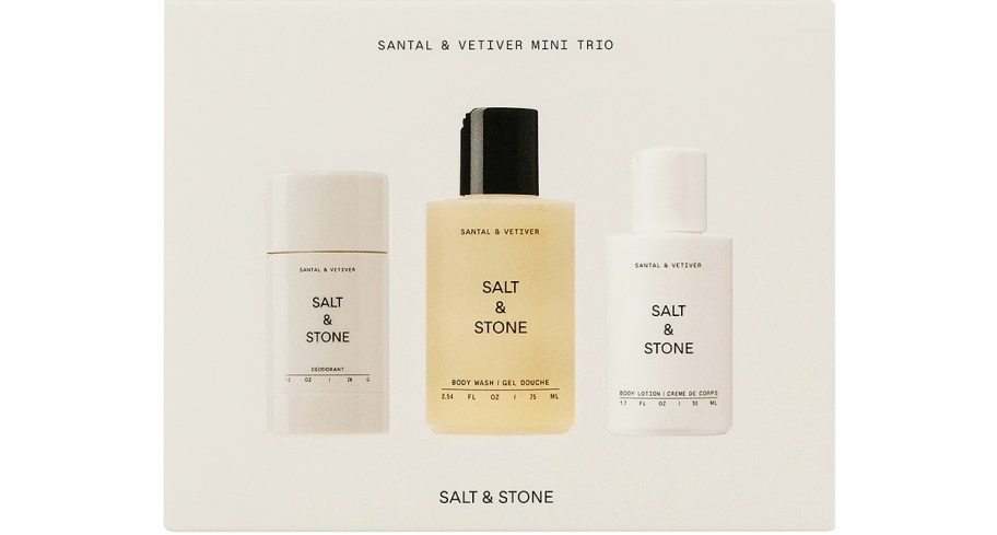 boxed SALT & STONE mini deodorant, body wash, and lotion set