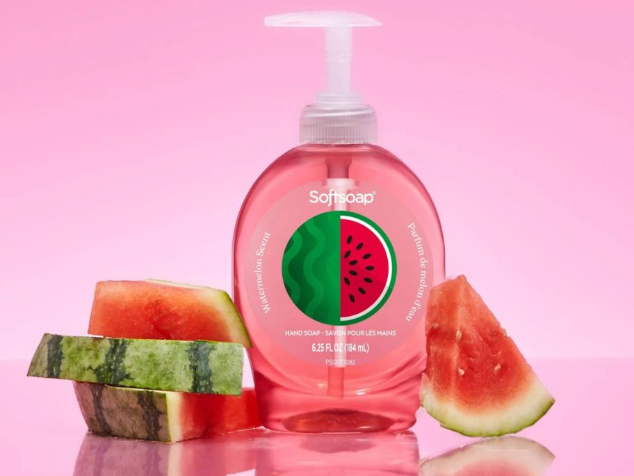 Softsoap Limited Edition Liquid Hand Soap 6.25oz in Watermelon scent surrounded by slices of watermelon