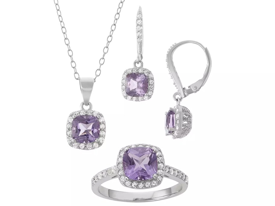 Sterling Silver Amethyst & Lab-Created White Sapphire Halo Jewelry Set