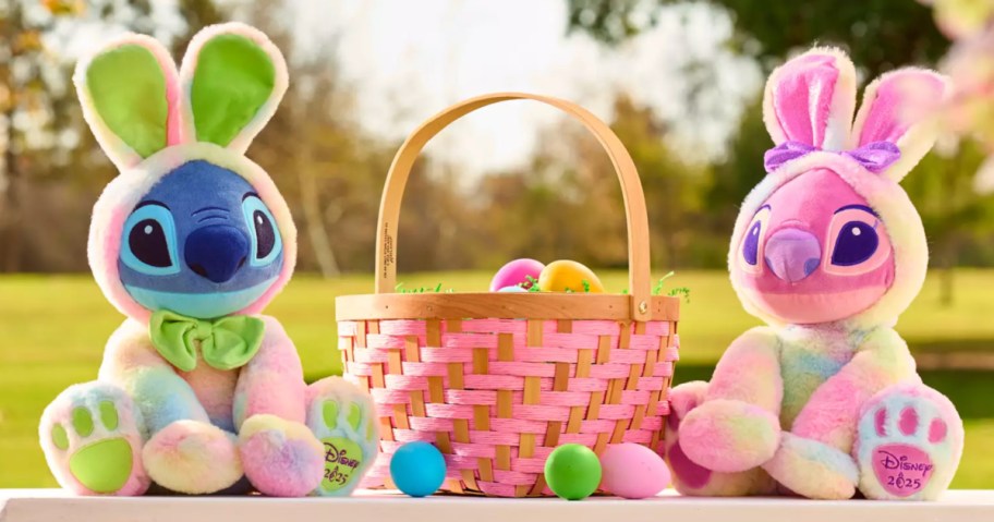 Stitch themed Easter bunnies sitting outside on table top next to Easter basket full of eggs