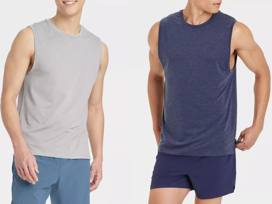 Stock images of two mean wearing All in Motion Men's Sleeveless Performance Sleeveless T-Shirts