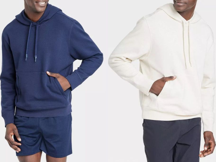 Stock images of two men wearinf All in Motion Men's Cotton Fleece Hooded Sweatshirts