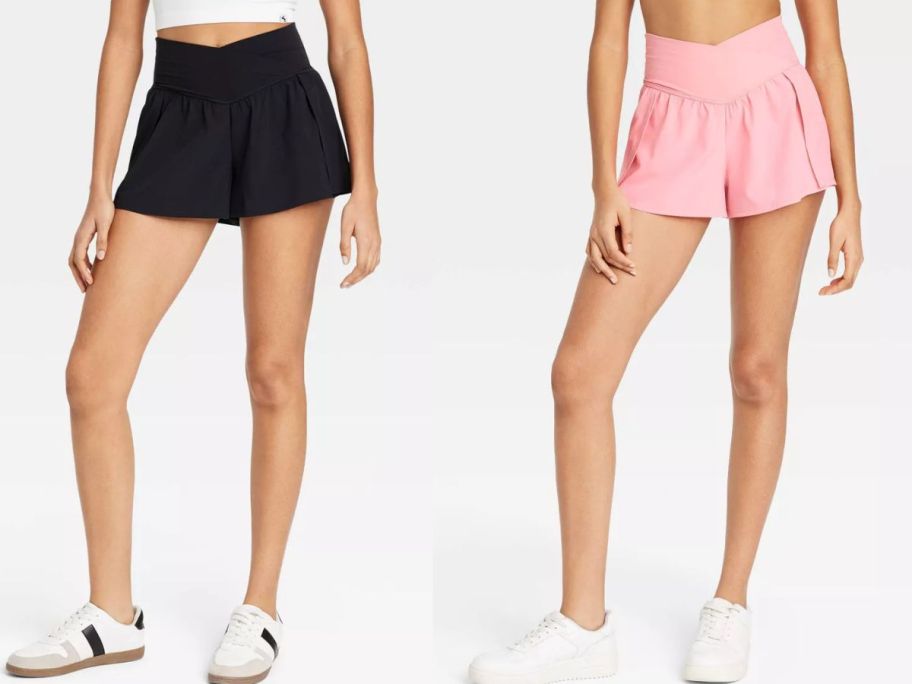 Stock images of two Joylab Women's Crossover Waistband High Rise Woven Shorts