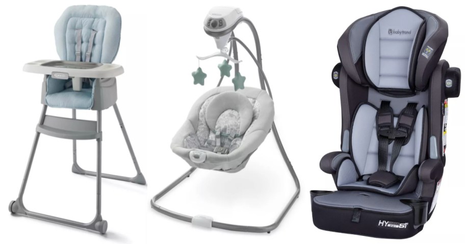 baby high chair, baby swing and car seat 