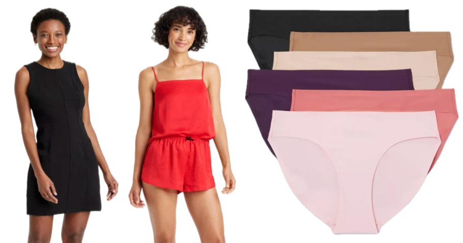 woman wearing black dress, woman wearing red pajamas and 6 pairs of underwear