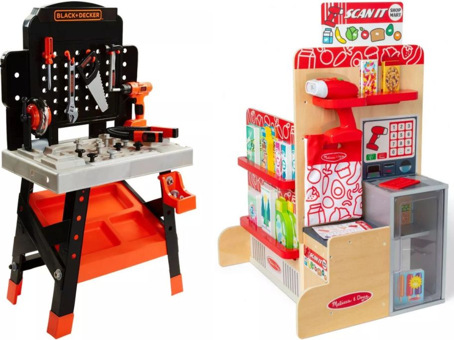 Stock image of a Black + decker Toy Workbench and Melissa & Doug Scan It Toys