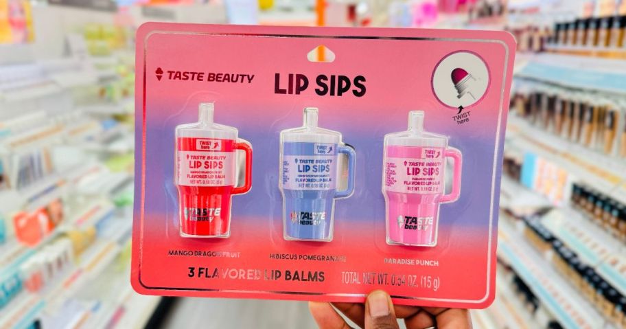 Taste Beauty Lip Balm Tumbler 3-Pack in hand in store