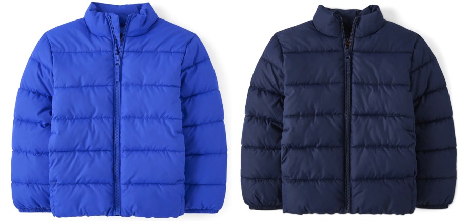 blue and navy blue puffer jackets