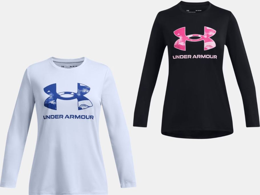 Stock images of two Under Armour Girl's UA Tech Logo Long Sleeve Tees