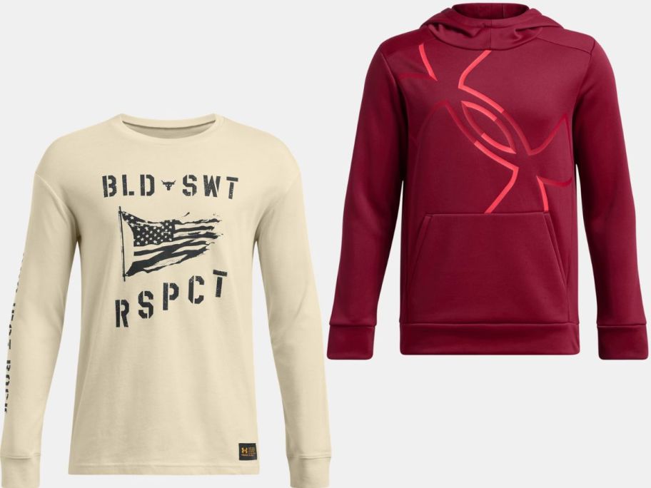 Stock image of Under Armour Boys long sleeve tee and hoodie