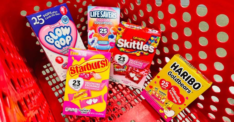 Classroom Valentine’s Day Treats in cart in store