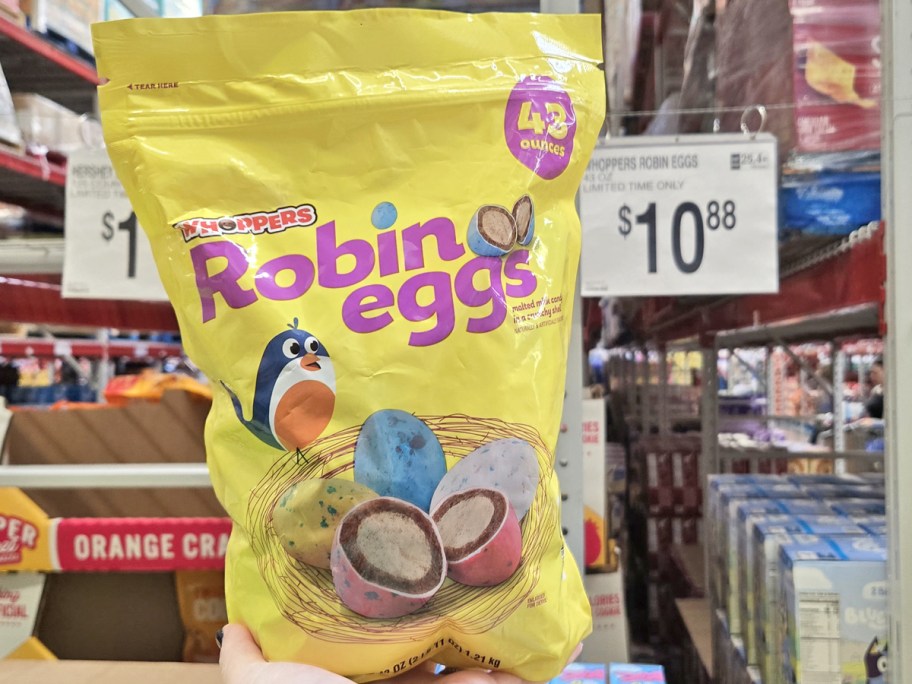 hand holding up a large yellow bag of Whoppers Robin Eggs in store