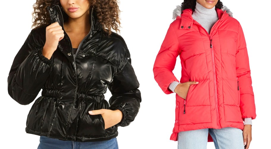 two women in black and red puffer jackets