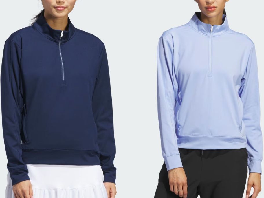 stock images of two women wearing adidas Women's Ultimate365 Half-Zip Layering Tops