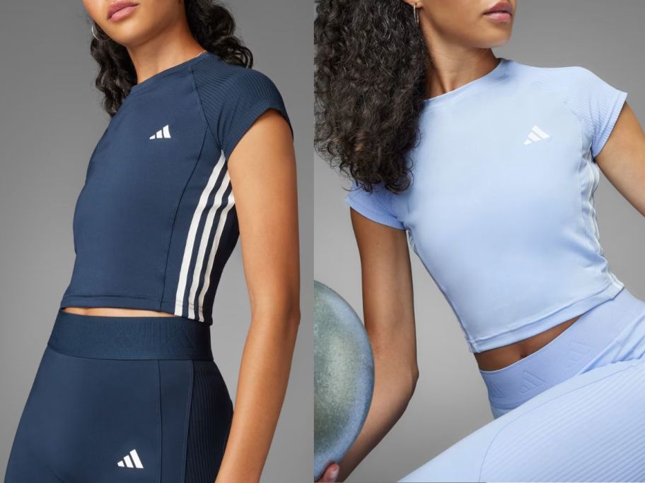 two women wearing adidas Women's Hyperglam Rib Tee