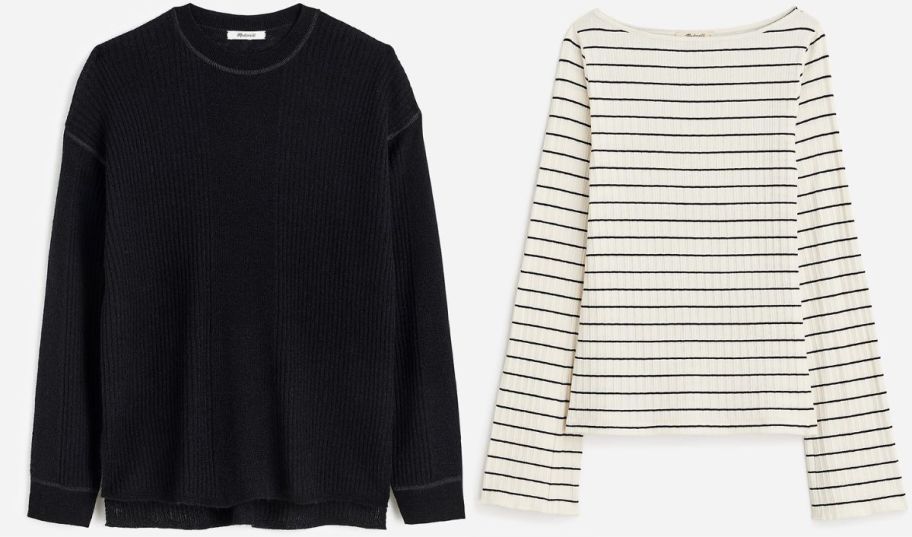 a black sweater and striped boatneck top