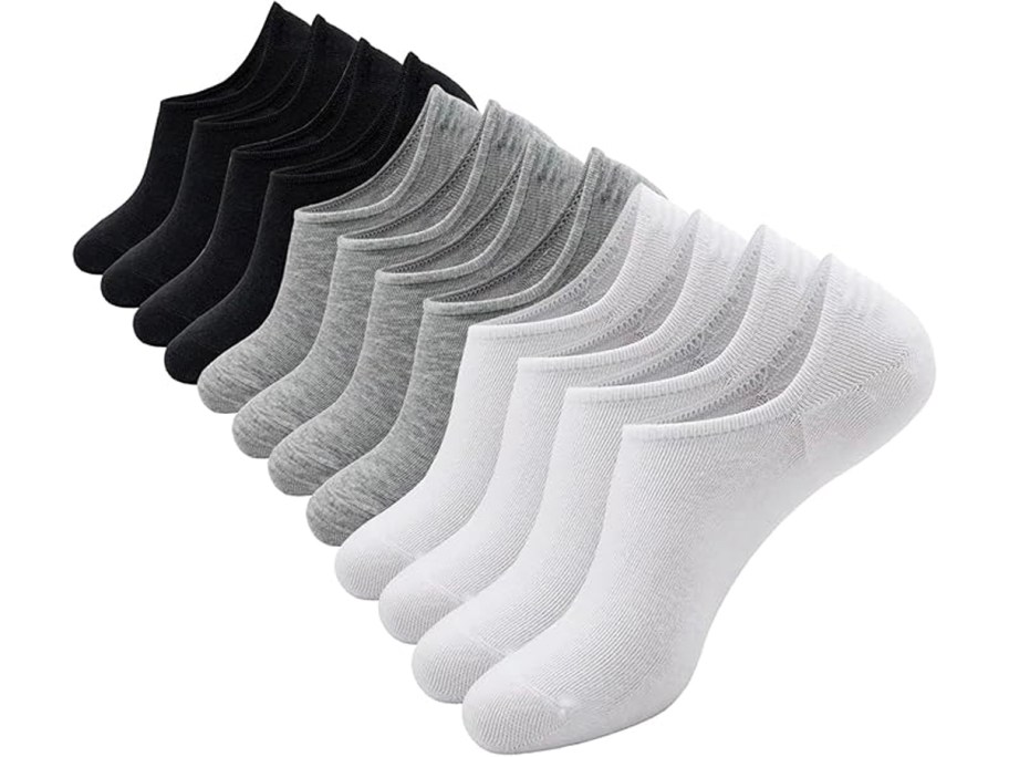 black, gray and white socks lined up together 